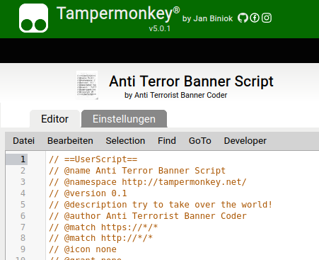 Ansicht des Code-Editors des Tampermonkey-Plugins mit dem Code des Beitrags